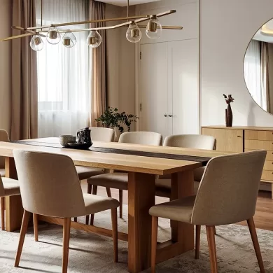 2026 yemek odası trendleri, açılır meşe yemek masası ve modern sandalyeler